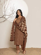 Yufta Brown Leaf Print Cotton Straight Kurta Dupatta Set