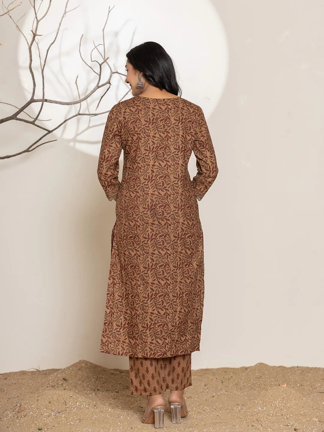 Yufta Brown Leaf Print Cotton Straight Kurta Dupatta Set
