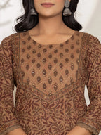 Yufta Brown Leaf Print Cotton Straight Kurta Dupatta Set