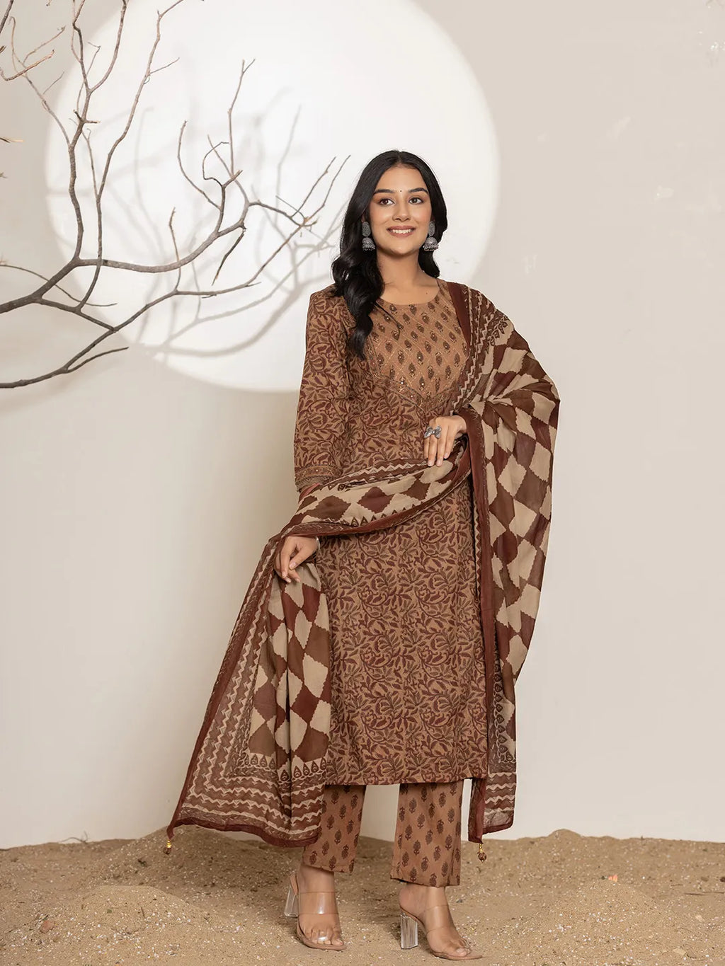 Yufta Brown Leaf Print Cotton Straight Kurta Dupatta Set