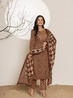 Yufta Brown Leaf Print Cotton Straight Kurta Dupatta Set