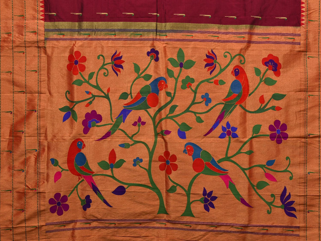 Brown Paithani Silk Handloom Saree with Triple Muniya Border and Pallu Design - Global Threads