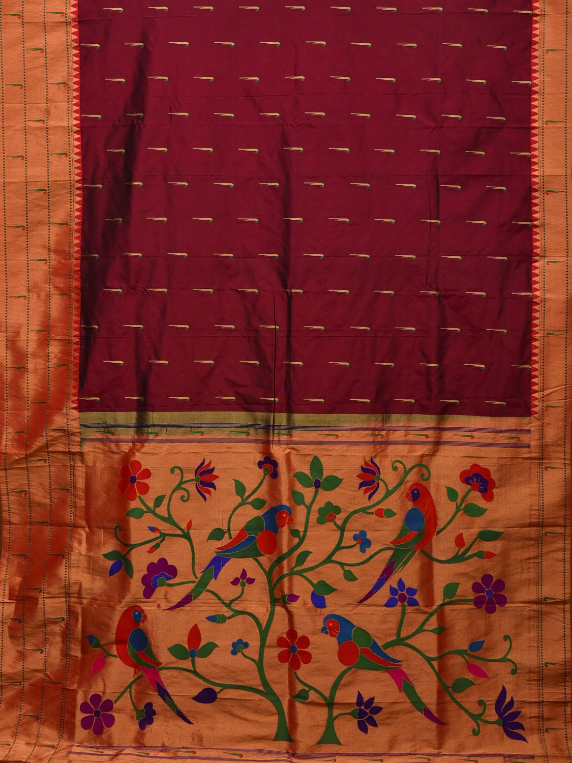 Brown Paithani Silk Handloom Saree with Triple Muniya Border and Pallu Design - Global Threads