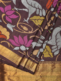 Brown Uppada Silk Handloom Saree with All Over Birds and Lotus Design - Global Threads