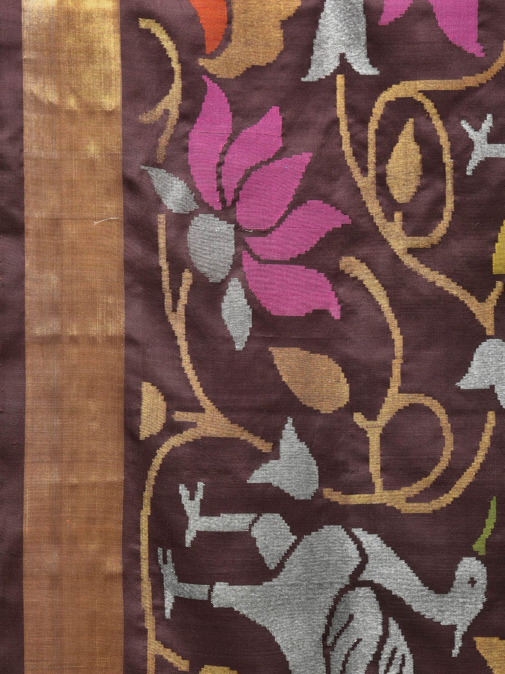 Brown Uppada Silk Handloom Saree with All Over Birds and Lotus Design - Global Threads
