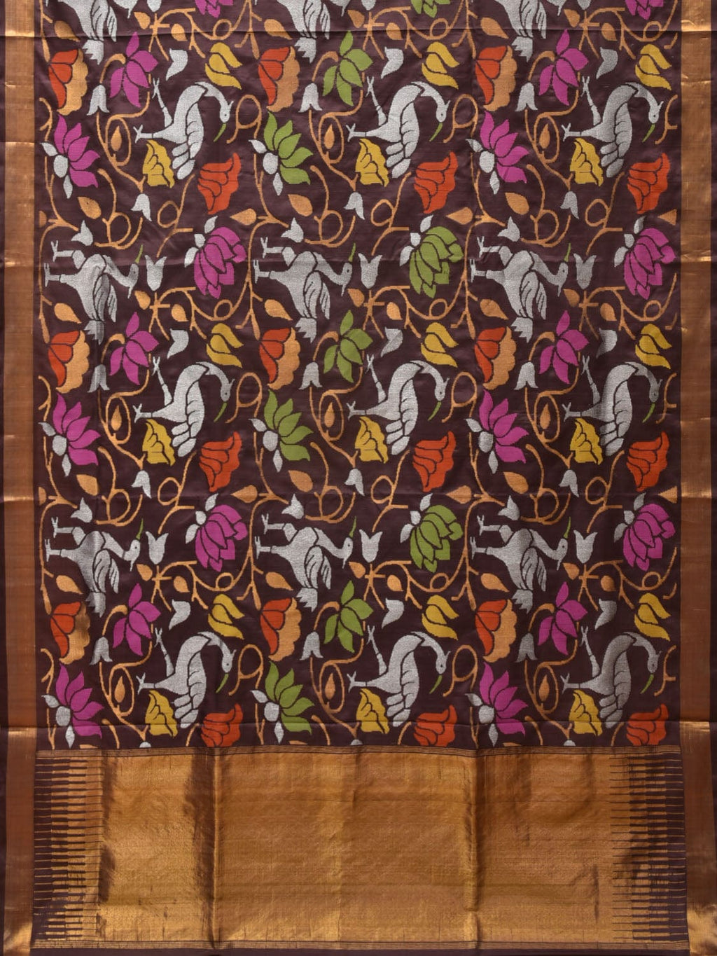 Brown Uppada Silk Handloom Saree with All Over Birds and Lotus Design - Global Threads