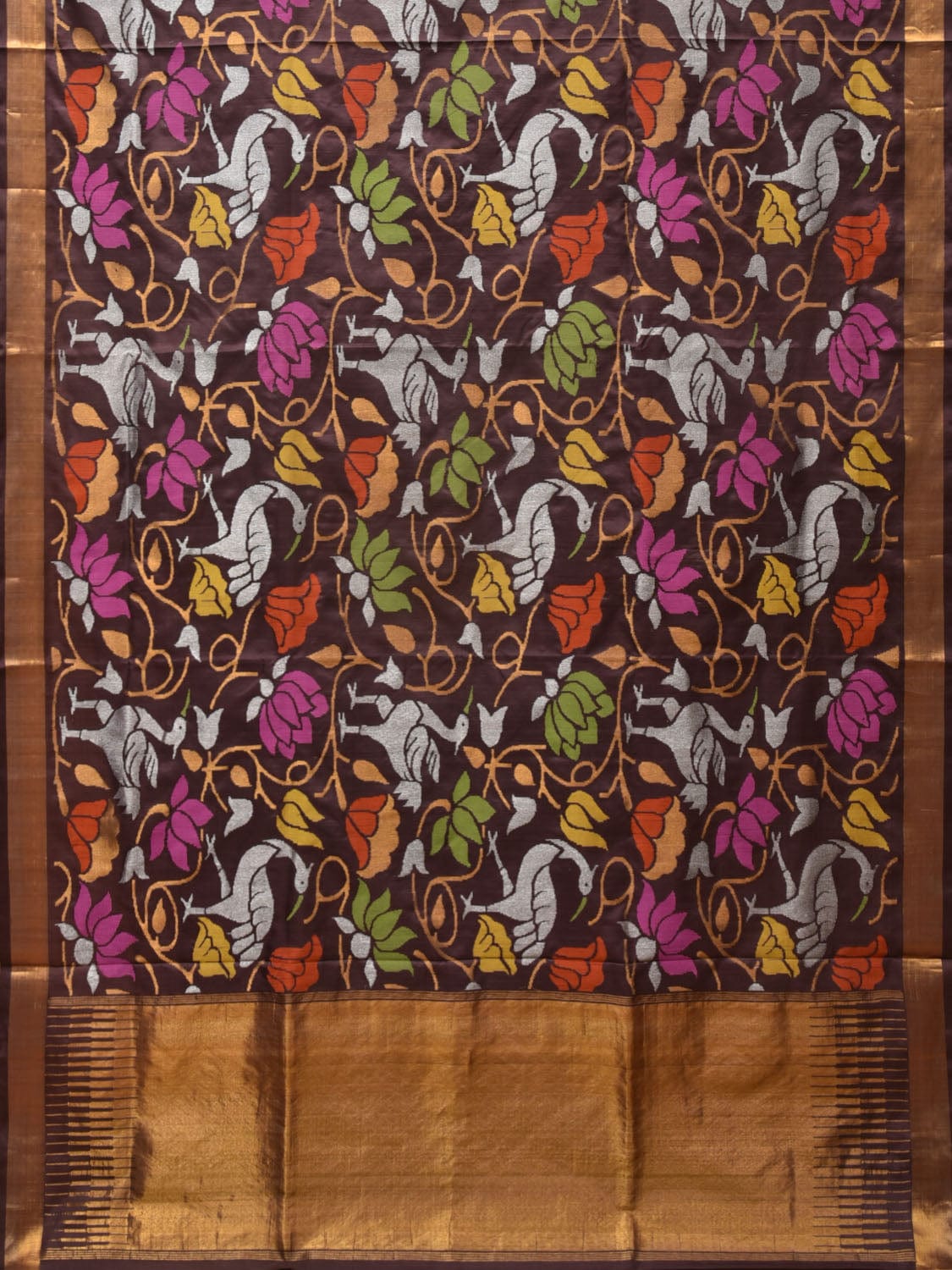 Brown Uppada Silk Handloom Saree with All Over Birds and Lotus Design - Global Threads