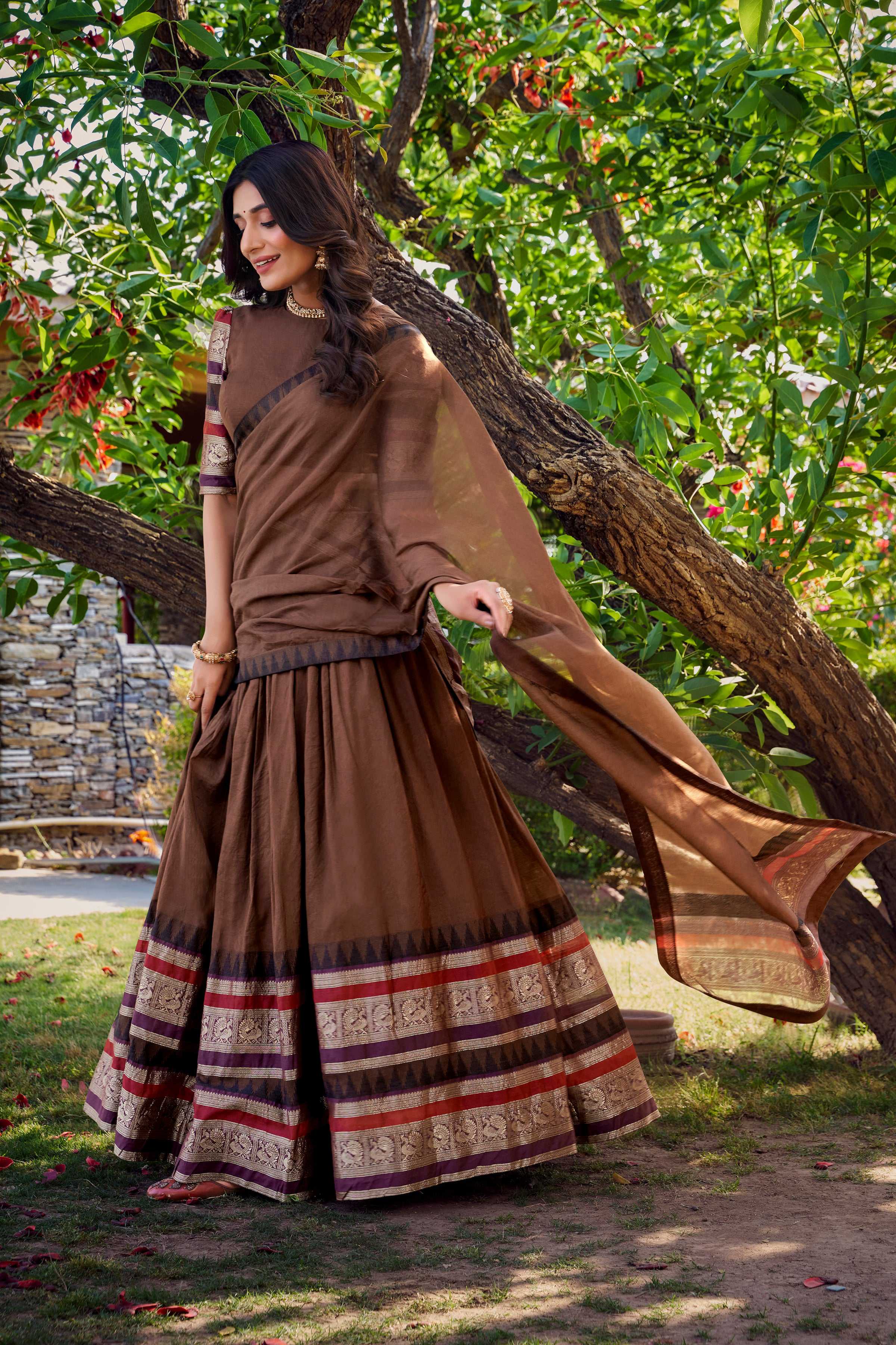 Evanik Women Pure Chanderi Plain With Zari Weaving Work Border Stitched Lehenga With Unstitched Blouse Dupatta(Up to 42) - Distacart