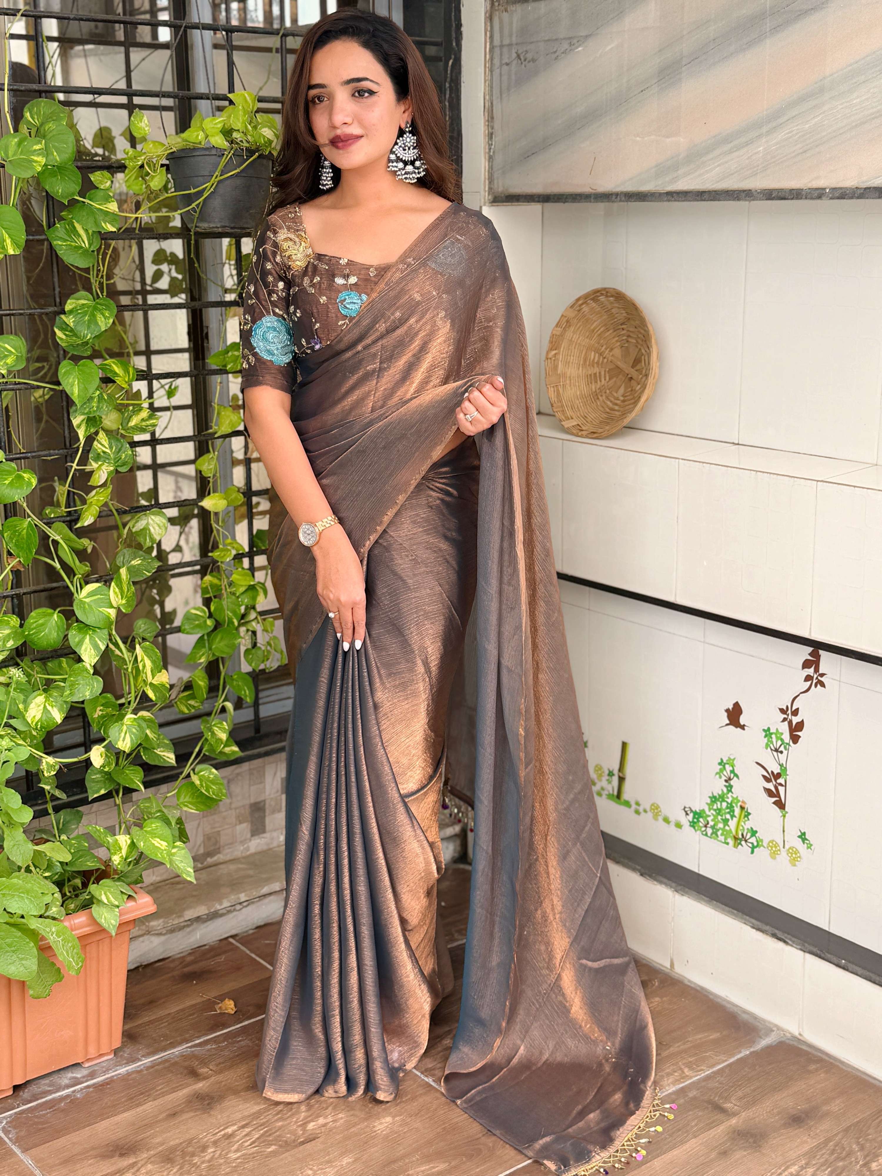 Evanik Soft Fandy Chiffon Beads Embroidered Work Party Wear Saree With Blouse - Distacart