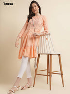 Peach Poly Cotton Yoke Embroidered A-line Top - Tarini