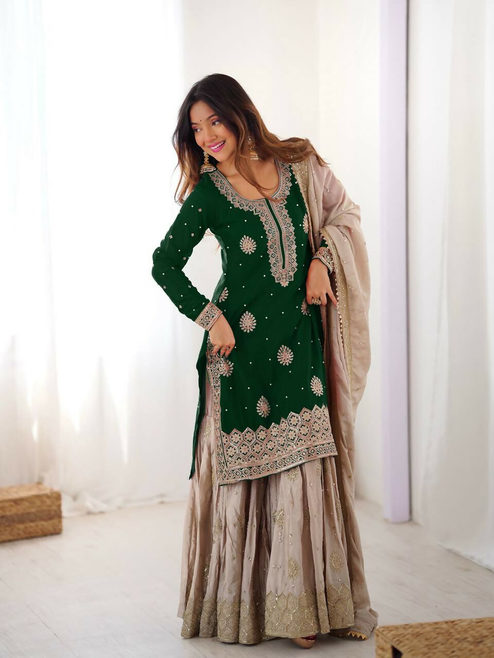 Lehenga Mart Designer Sharara Suit With Kurta, Sharara, Dupatta For Women-Green - Distacart