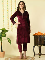 Myshka Women's Magenta Velvet Kurta With Trousers Party Sets