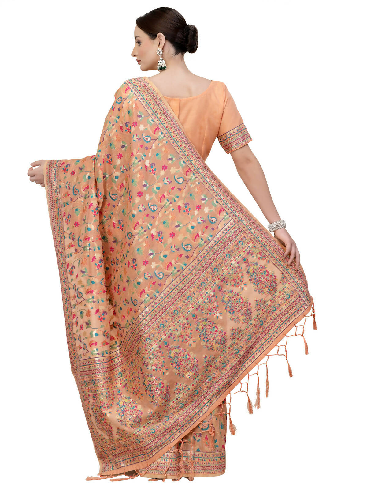 Peach Silk Blend Woven Design Saree With Unstitched Blouse Piece - Aloki