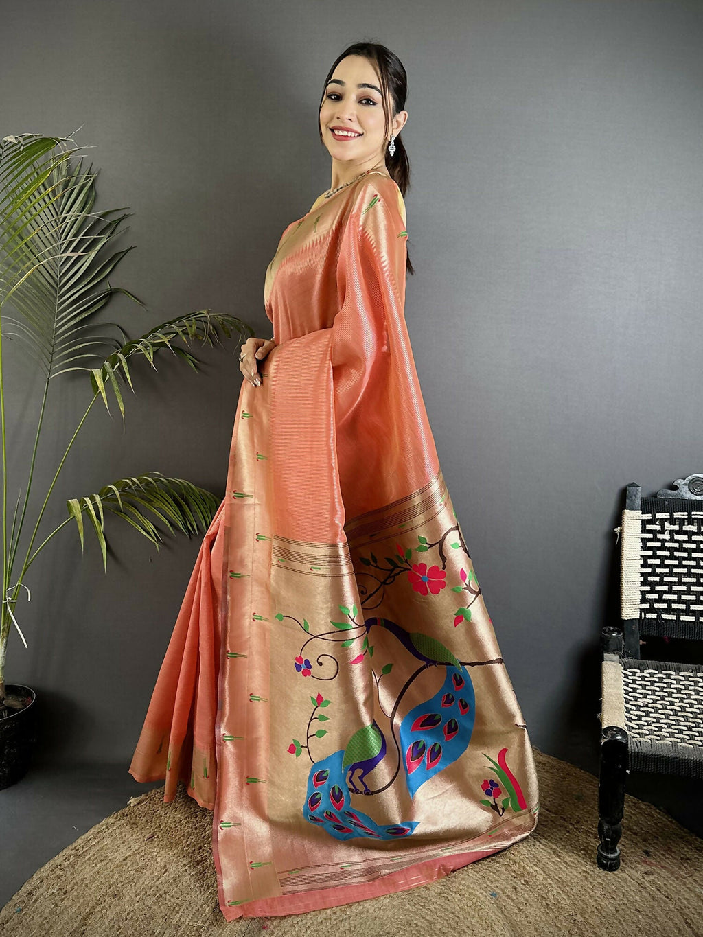 Joban Fashion Light Orange Peacock & Floral Motifs Tissue Paithani Saree