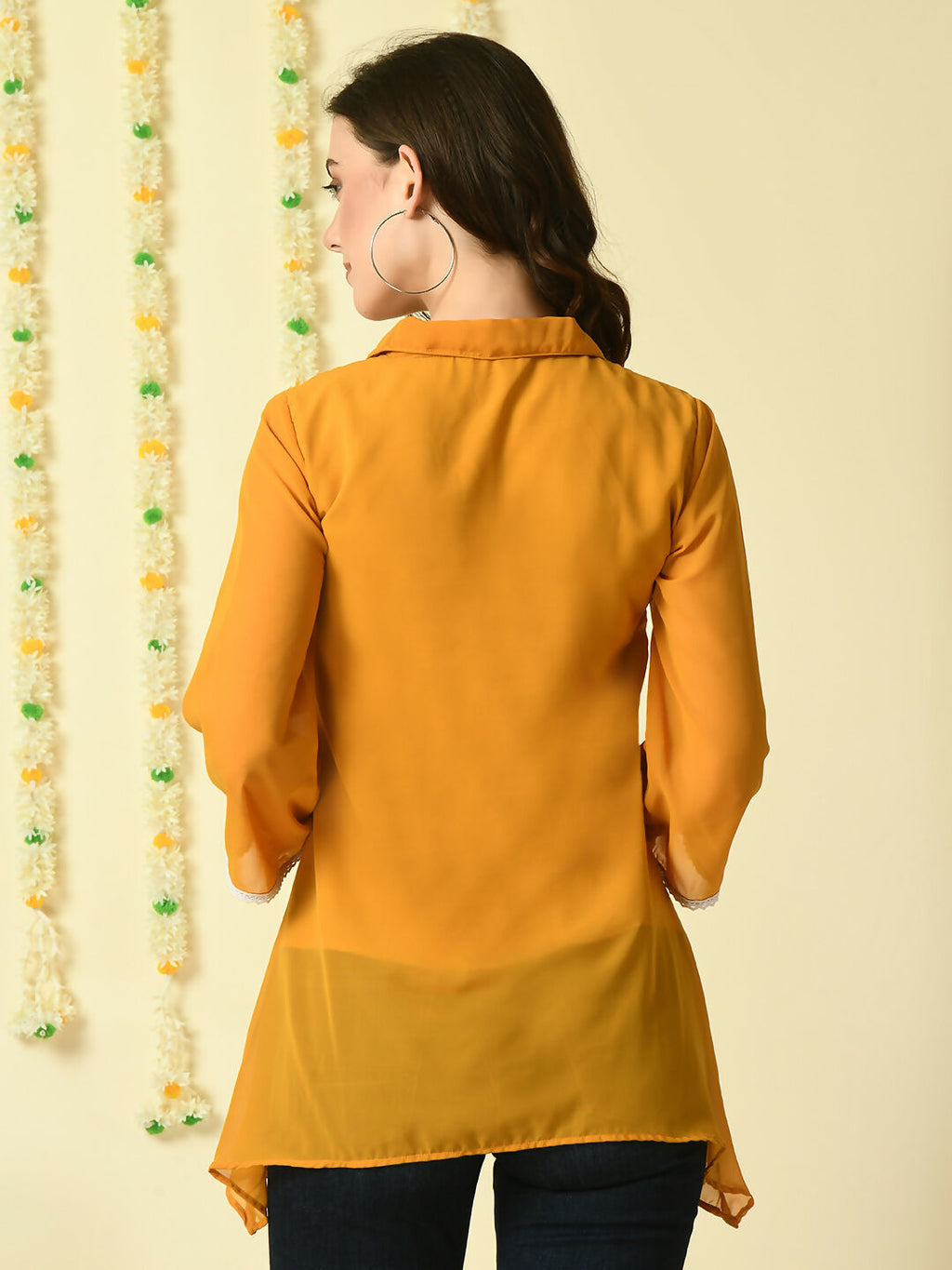 Myshka Women's Mustard Embroidered Party Fusion Top
