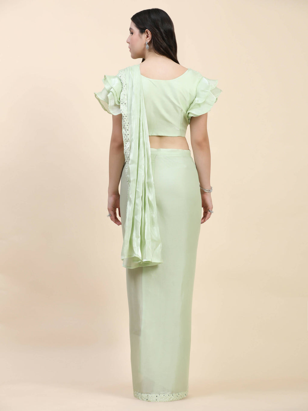 Light Green Silk Satin Sequence Work Ready to Wear Saree with stitched Blouse - Nirvana