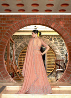 Peach Chinon Crushed Sequence and Thread Embroidery Work Lehenga Choli with Dupatta - Viharini