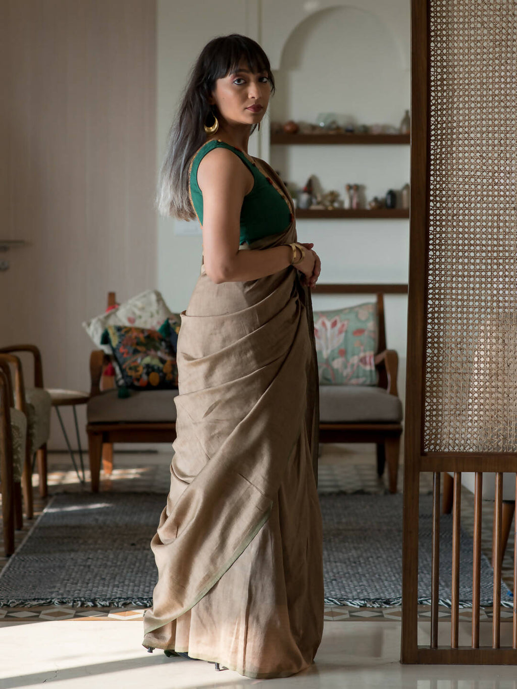 Suta Taupe Solid Cotton Blend Saree