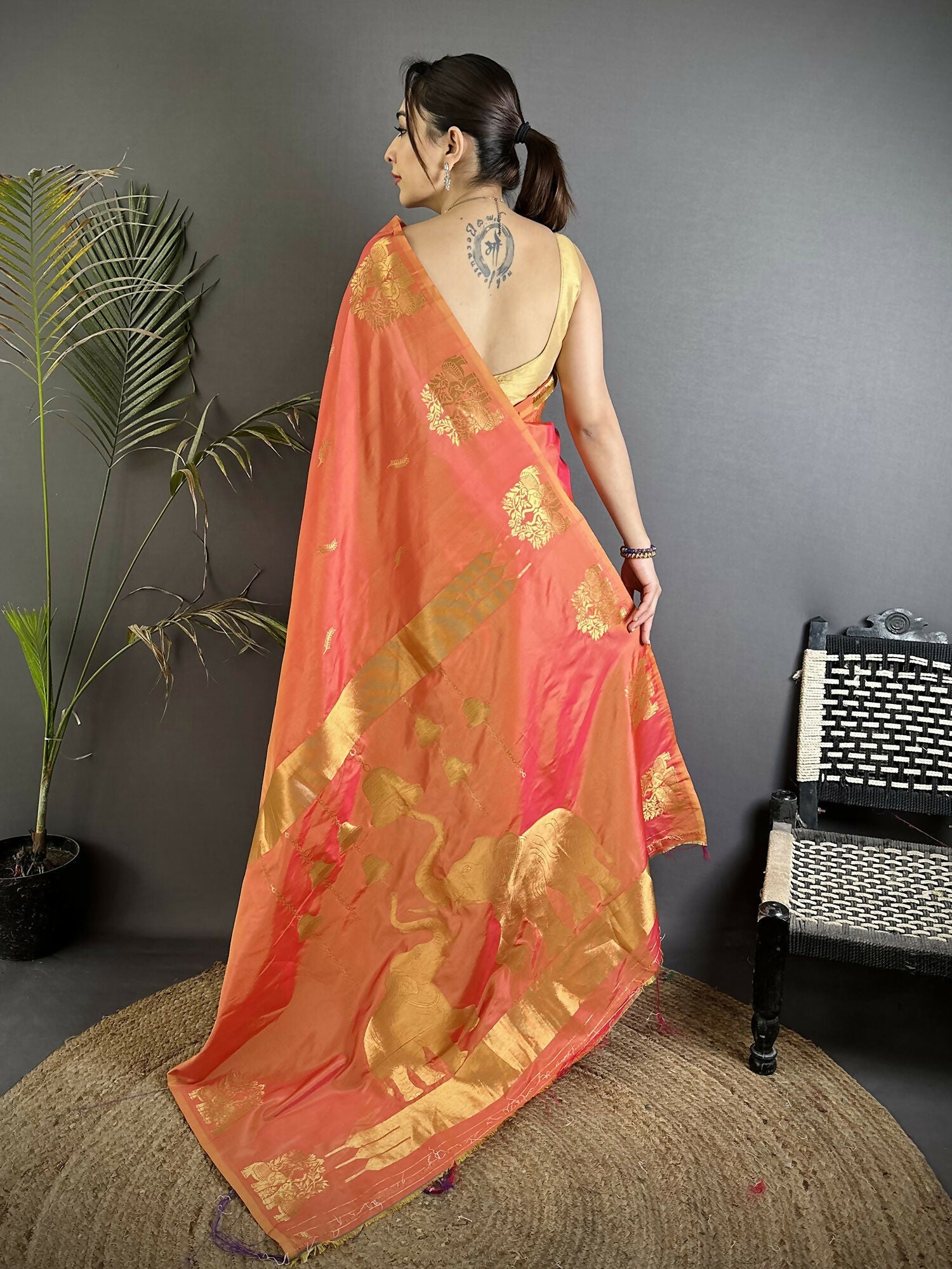 Joban Fashion Orange Motifs Zari Weaving Soft Silk Banarasi Saree