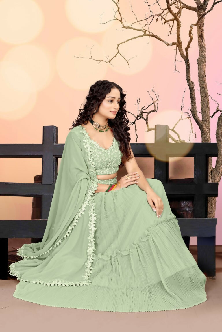 Jyoti Fashion Sea Green Two Tier Crush Georgette Lehenga Choli with Dupatta