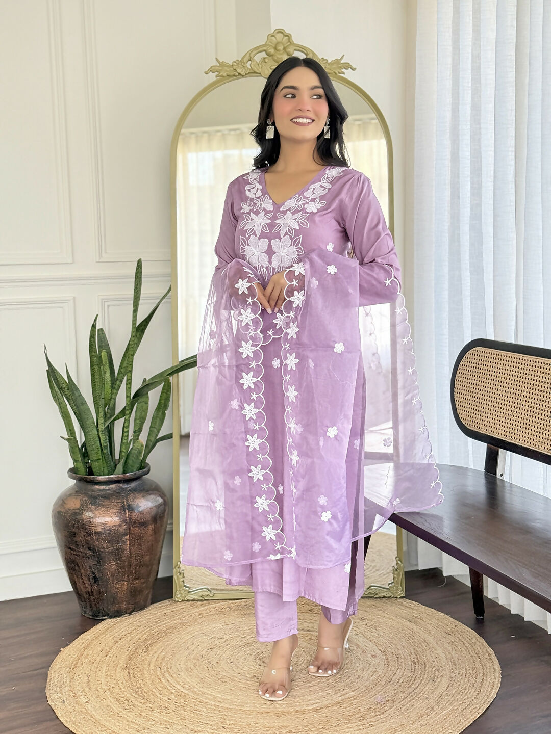The52 Women Beautiful Thread work Rayon Fabric with Straight Kurta, Pant and Dupatta Set - Distacart