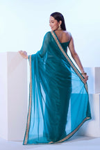 Firozi C/H Net Solid Designer & Lace Work Saree - Samaa