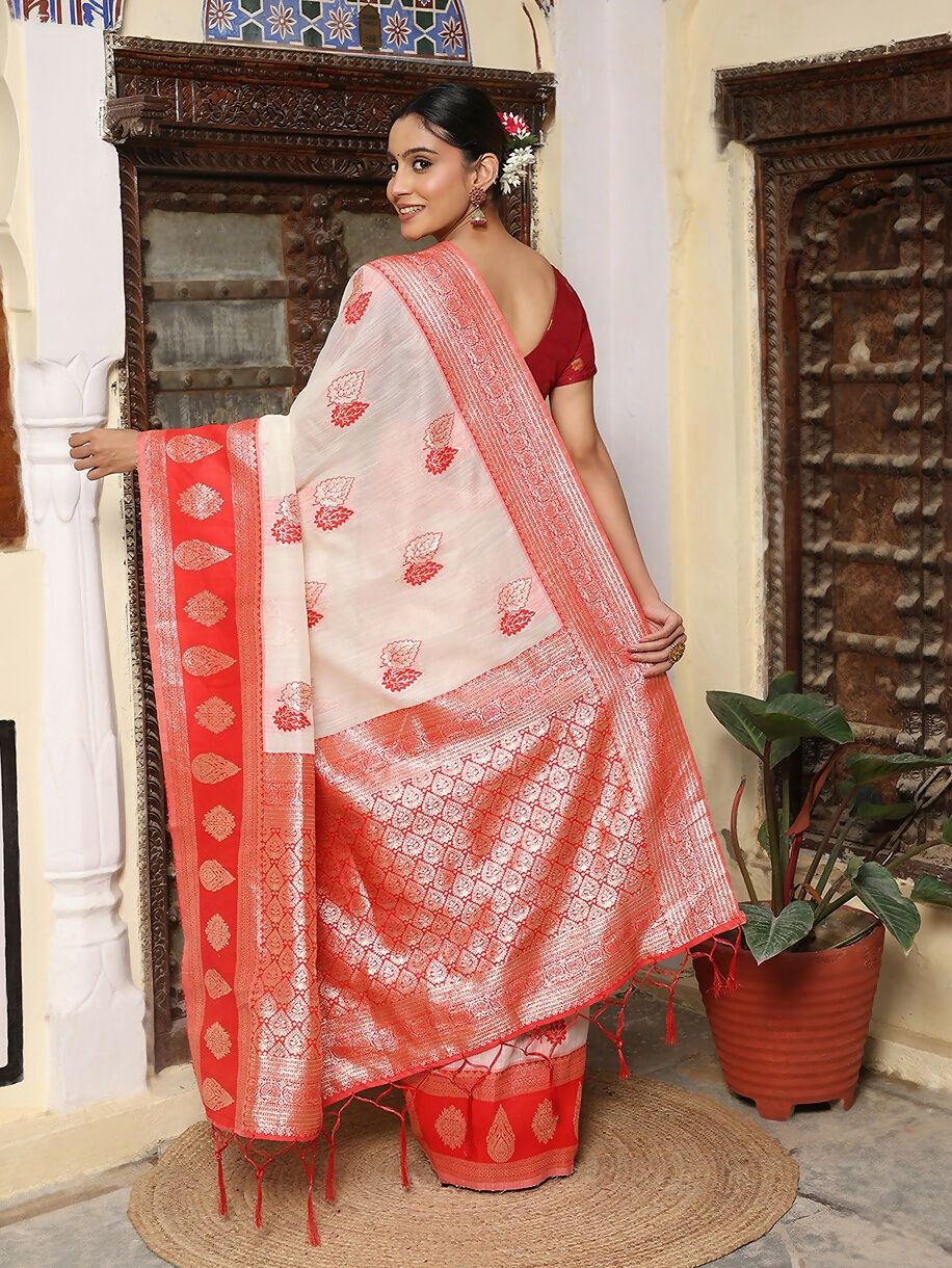 Shree Shyam Fashion White & Red Linen Cotton Saree - Distacart