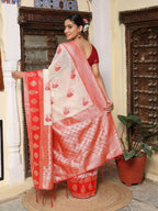Shree Shyam Fashion White & Red Linen Cotton Saree - Distacart