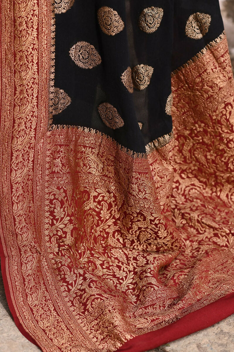 Joban Fashion Black Crepe Chiffon Pure Handloom Banarasi Silk Saree