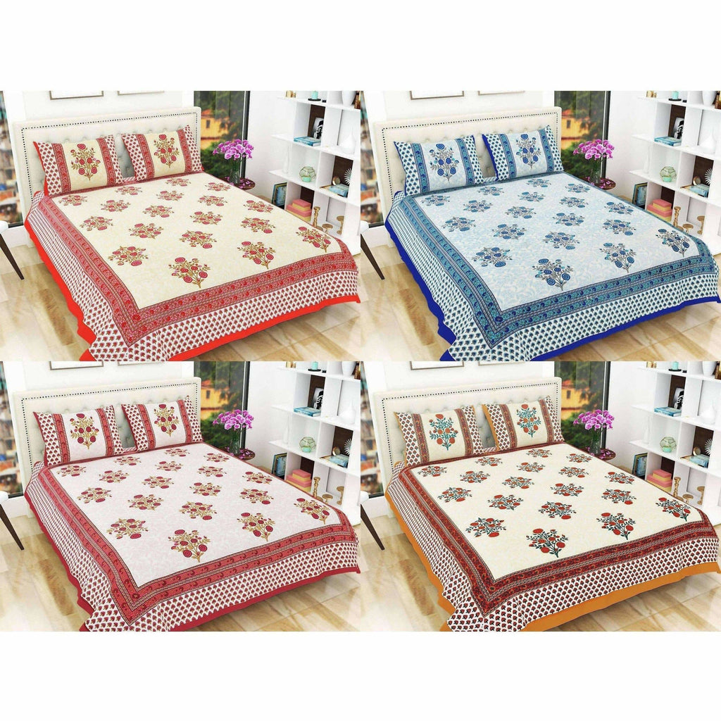 Floral Print Queen Size 90x108 Inches Jaipuri Flat Bed Sheet Bedspread with 2 Pillowcases