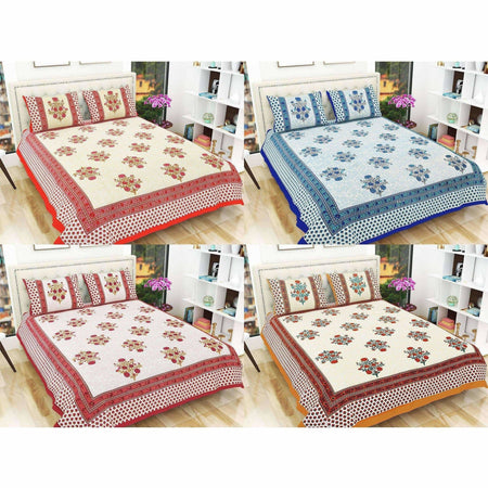 Floral Print Queen Size 90x108 Inches Jaipuri Flat Bed Sheet Bedspread with 2 Pillowcases