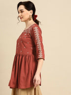 Women's Rust Viscose blend Embroidered Short Top - Marina