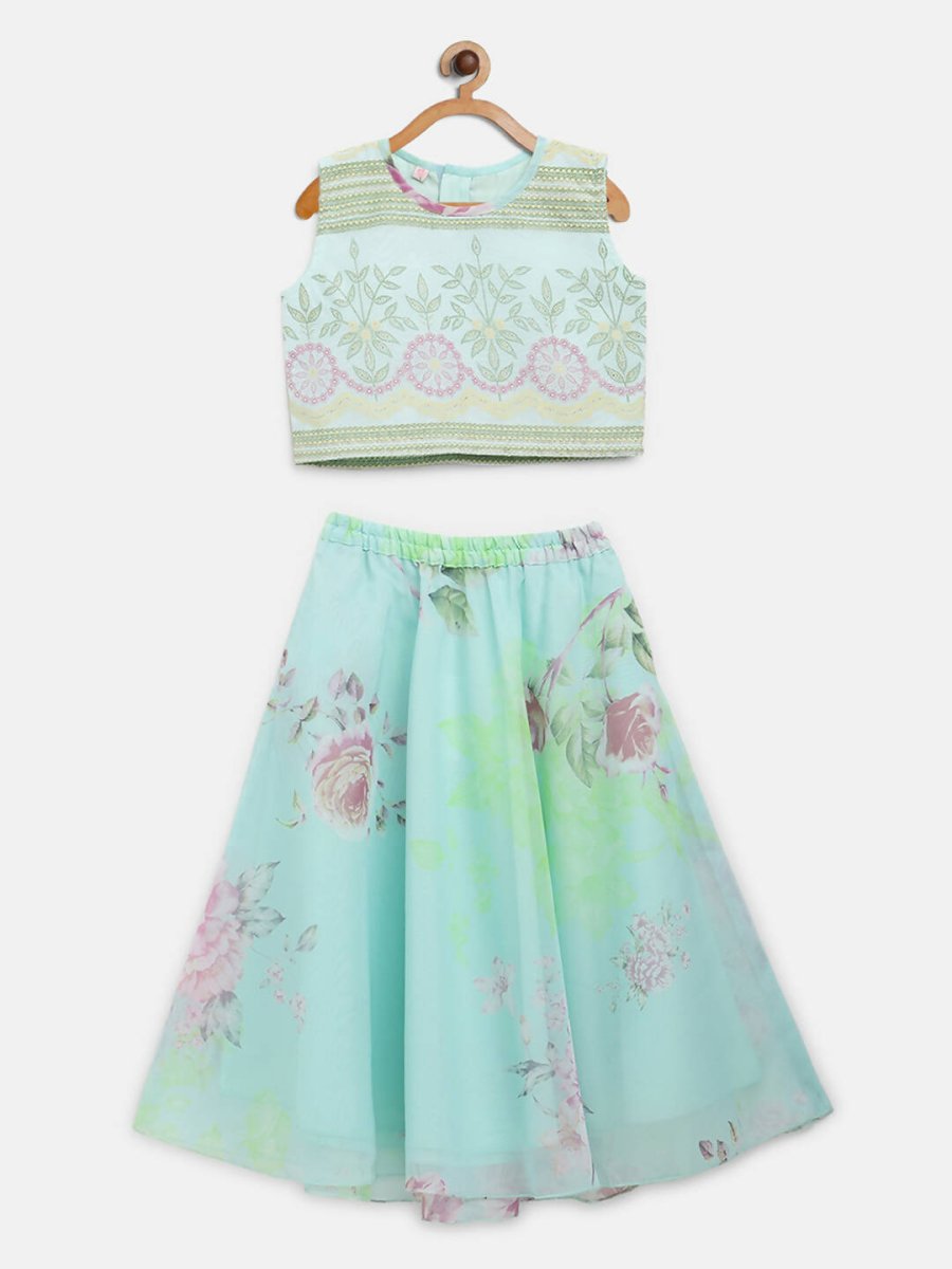 Ahalyaa Aqua Blue Organza Printed Lehenga Choli For Kids For Girls