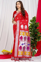 Jyoti Fashion Women's Red Paithani Silk Zari Woven Saree with Blouse