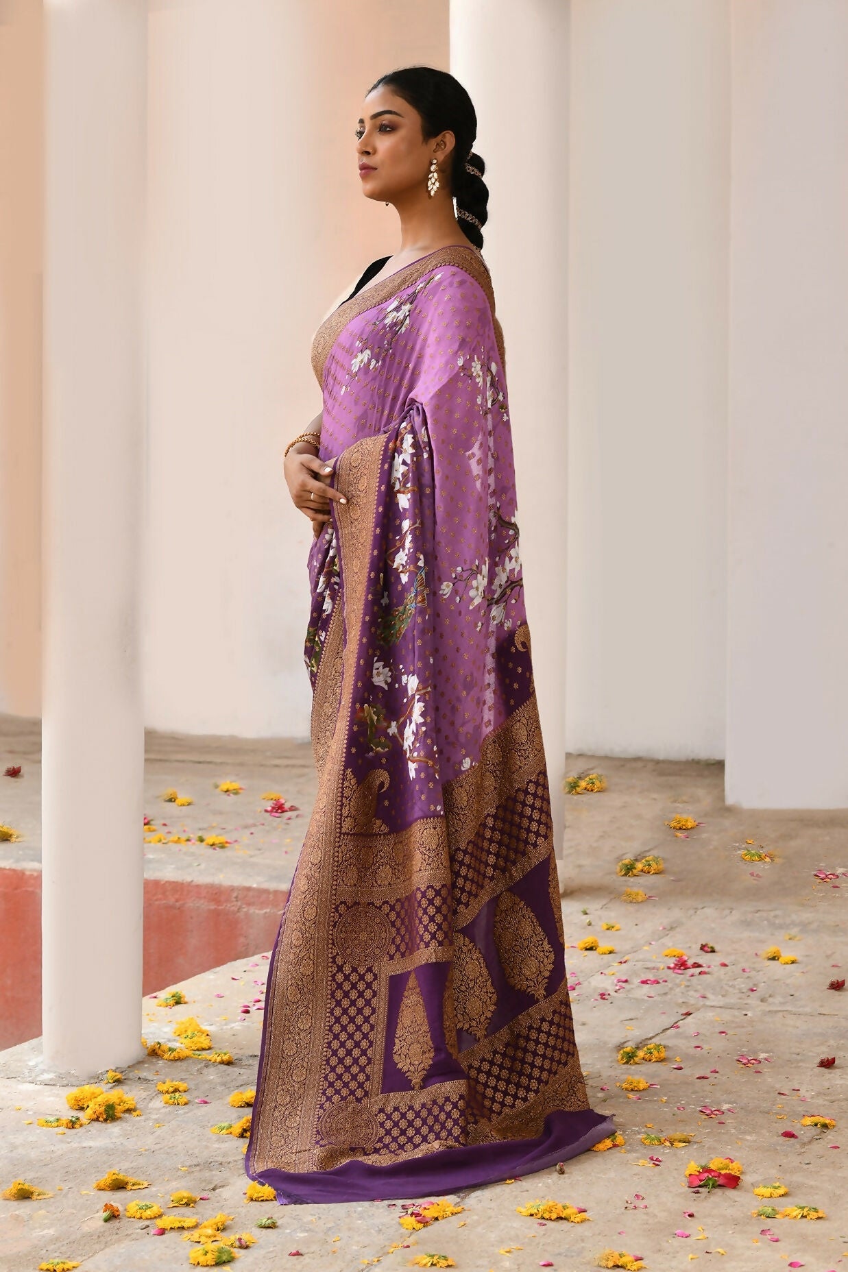 Joban Fashion Plum Purple Crepe Chiffon Pure Handloom Banarasi Silk Saree