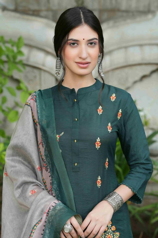 Juniper Bottle Green Mono Viscose Festive Wear Embroidered Straight Kurta Pant Dupatta Set - Distacart