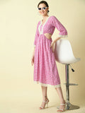 Myshka Women's Pink Floral Printed Fit and Flare Dress - Distacart