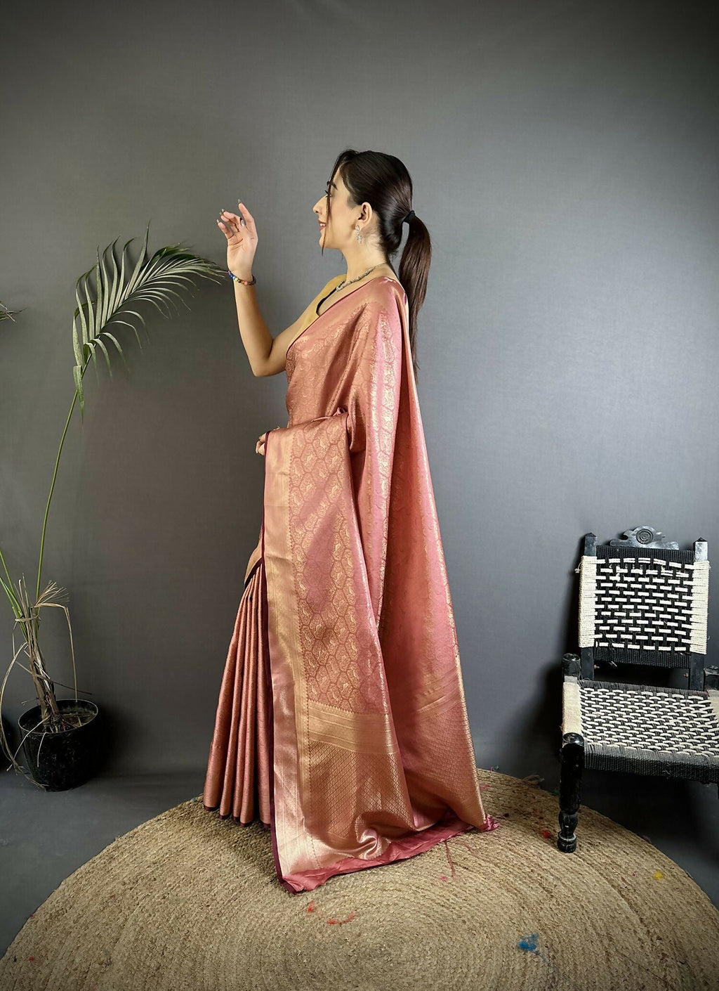 Joban Fashion Rose Gold Paisley & Floral Soft Satin Silk Banarasi Silk Saree - Distacart
