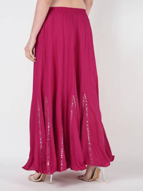 Mominos Fashion Magenta Viscose Rayon Flared Palazzo with Mirror Lace Work - Distacart