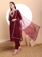 Yufta Burgundy Embroidered Kurta With Pant And Dupatta Comes With Cotton Lining