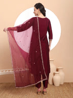 Yufta Burgundy Embroidered Kurta With Pant And Dupatta Comes With Cotton Lining