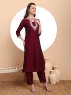 Yufta Burgundy Embroidered Kurta With Pant And Dupatta Comes With Cotton Lining