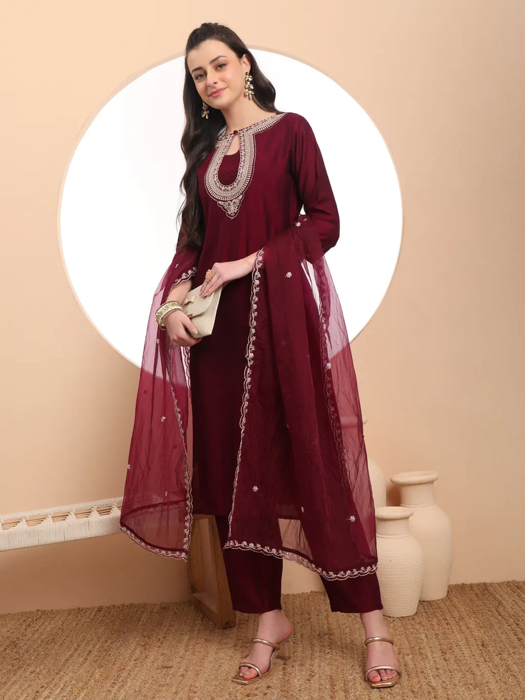 Yufta Burgundy Embroidered Kurta With Pant And Dupatta Comes With Cotton Lining
