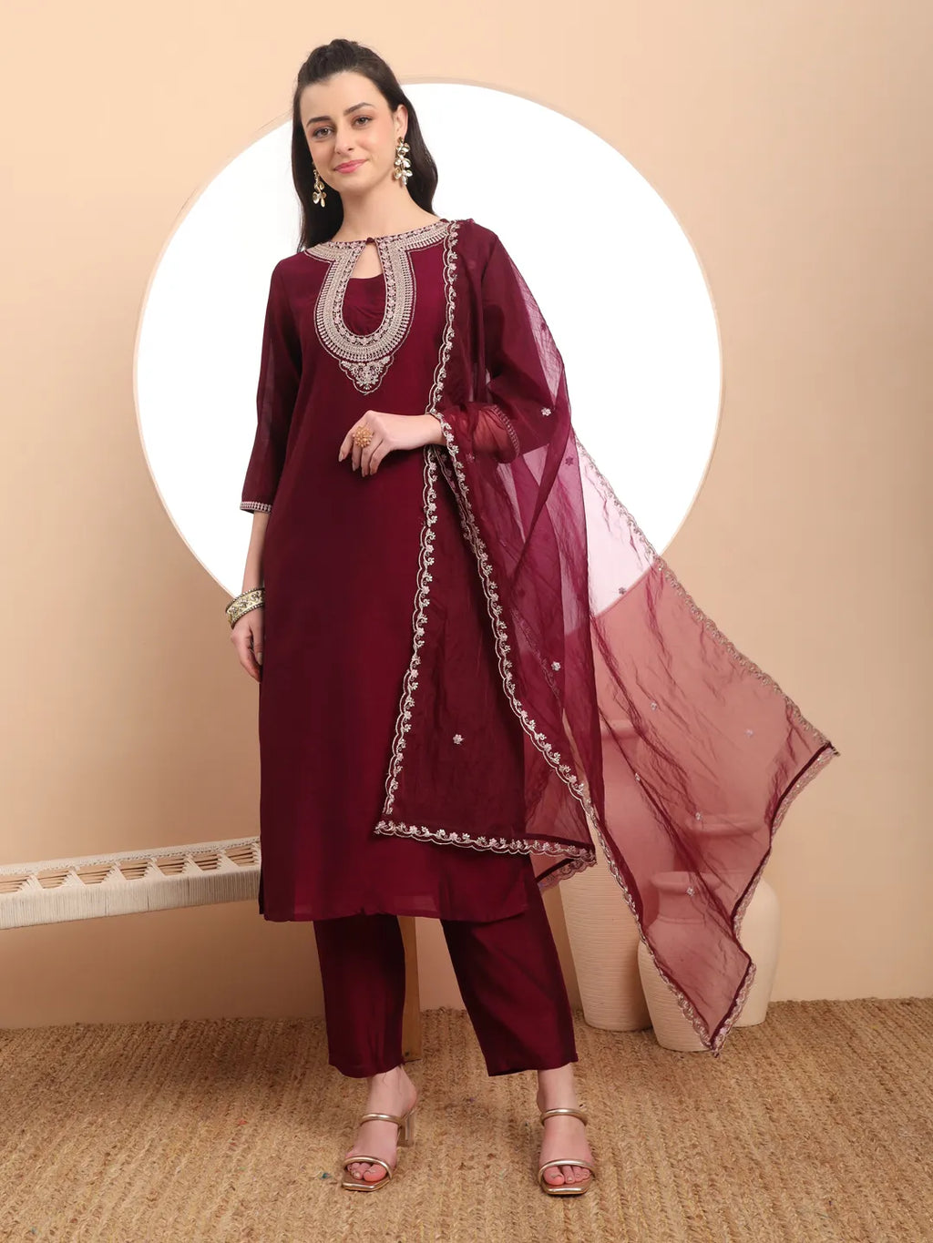 Yufta Burgundy Embroidered Kurta With Pant And Dupatta Comes With Cotton Lining