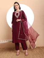 Yufta Burgundy Embroidered Kurta With Pant And Dupatta Comes With Cotton Lining