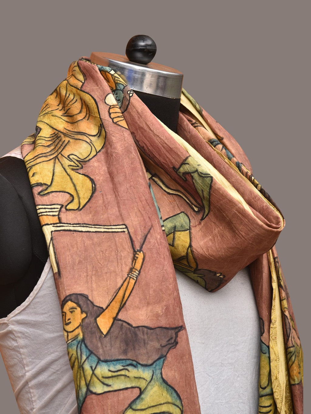 Burgundy Kalamkari Hand Painted Kanchipuram Silk Handloom Dupatta with Painting Design - Global Threads