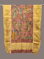 Burgundy Kalamkari Hand Painted Kanchipuram Silk Handloom Dupatta with Painting Design - Global Threads