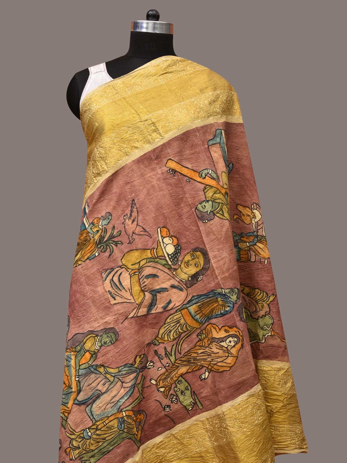 Burgundy Kalamkari Hand Painted Kanchipuram Silk Handloom Dupatta with Painting Design - Global Threads