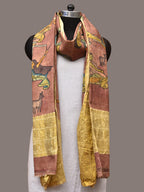 Burgundy Kalamkari Hand Painted Kanchipuram Silk Handloom Dupatta with Painting Design - Global Threads