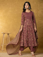 Yufta Burgundy Sequins_Work Cotton Anarkali Kurta Dupatta Set